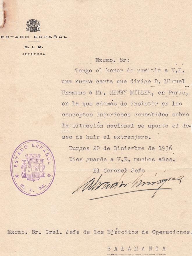 Carta del jefe del Servicio de Información Militar a Franco