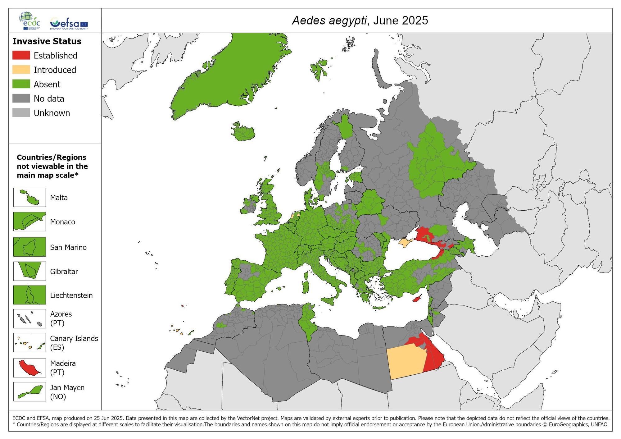 Distribución del mosquito de la fiebre amarilla en Europa en 2025.