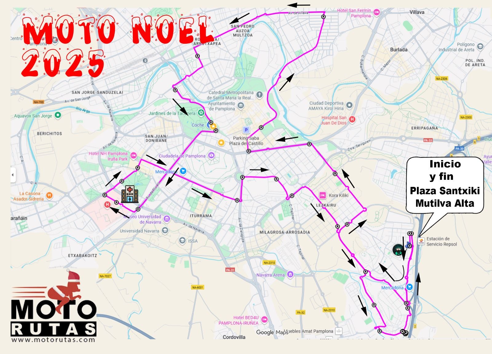 Plano con el recorrido de la Moto Noel 2025, que se celebra el próximo 21 de diciembre.