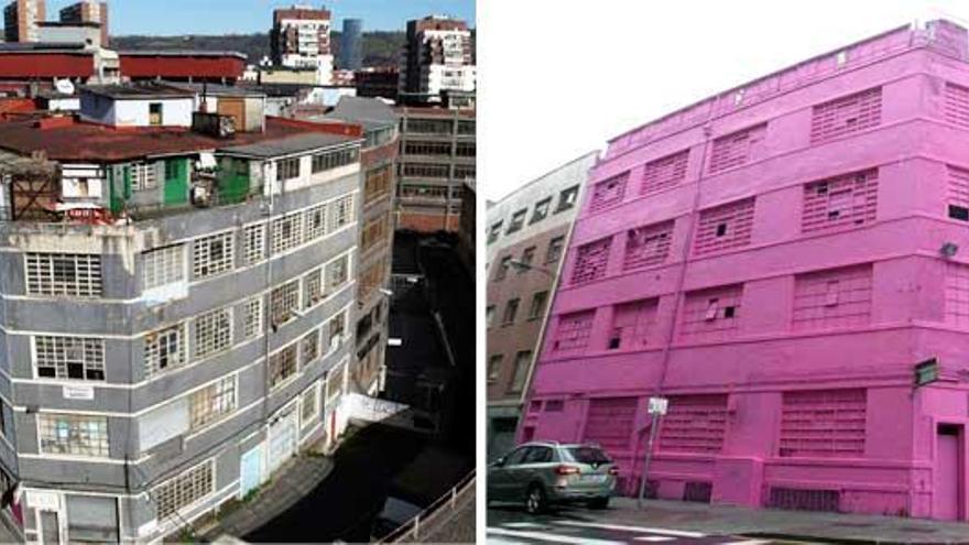 El edificio, ubicado en Ametzola, antes y después de ser pintado de color magenta.Foto: DEIA