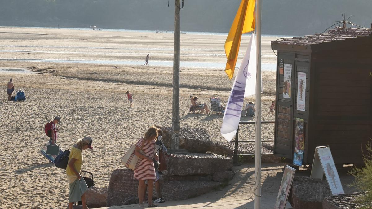 La bandera que alerta de la presencia de medusas ondeó ayer en la playa vizcaina de Laida, en Ibarrangelu.