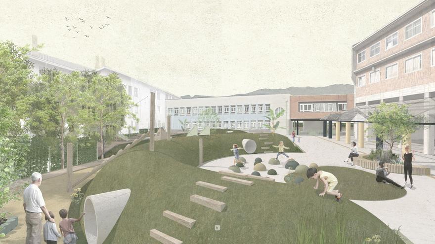 El patio escolar de Arrigorriaga cambia el asfalto por zonas verdes, madera y arena