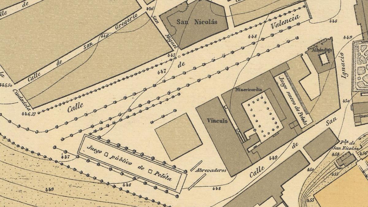 El enclave del Juego Público de Pelota. Detalle del plano de la ciudad de D. Casañal en 1882.