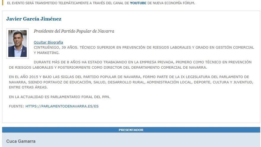 Pantallazo del currículum de García que todavía consta en la web del foro al que acudió con Cuca Gamarra.