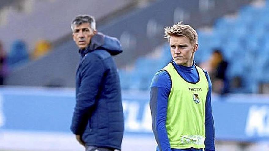 Imanol y Odegaard, en un entrenamiento de Zubieta.