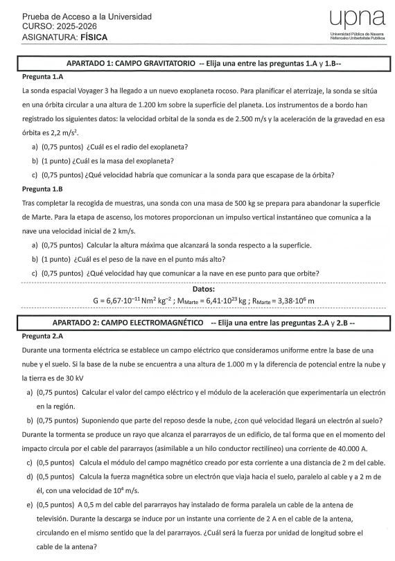 Primera página del examen de Física de la PAU 2026