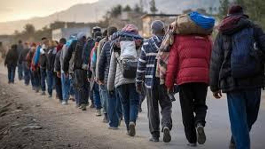 Fila de inmigrantes caminando
