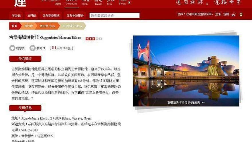 Una publicación turística china reconoce al Museo Guggenheim