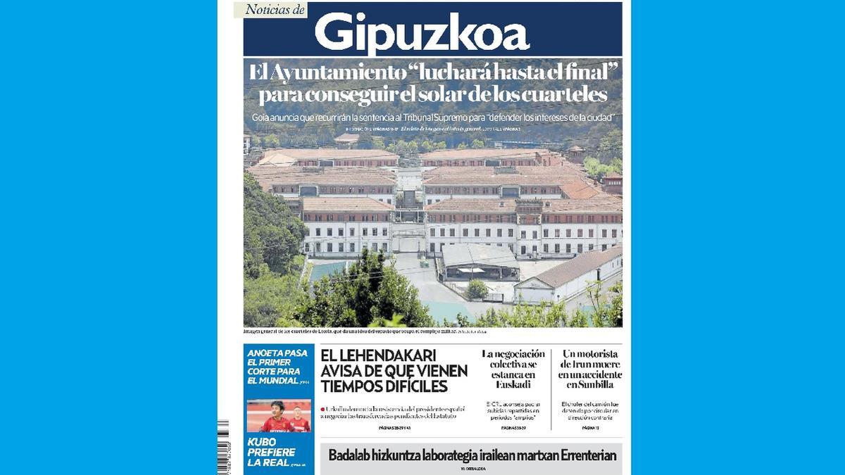 Portada de NOTICIAS DE GIPUZKOA de este viernes, 15 de julio de 2022