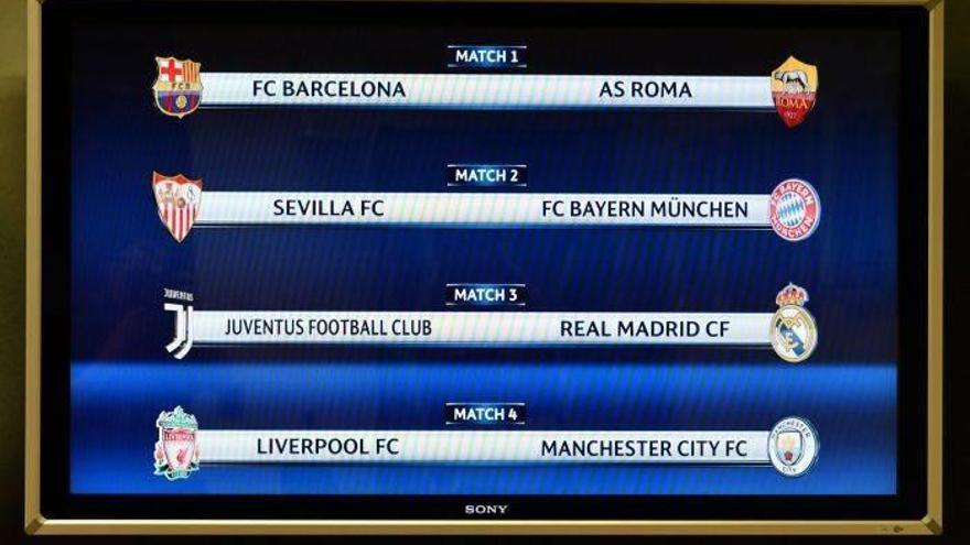 El Barça se enfrentará al Roma, el Sevilla al Bayern, el Real Madrid al Juventus y el Liverpool al Manchester