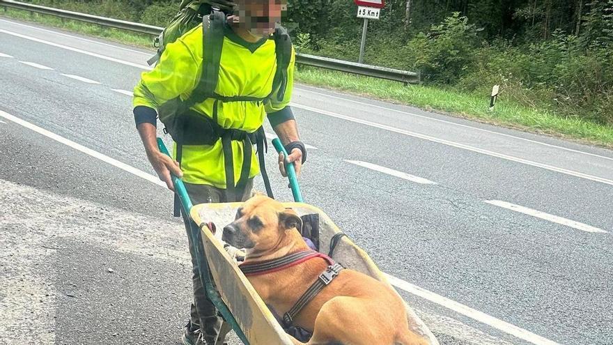 Un peregrino, de Santiago a Roma por la N-121-A con un perro en una carretilla