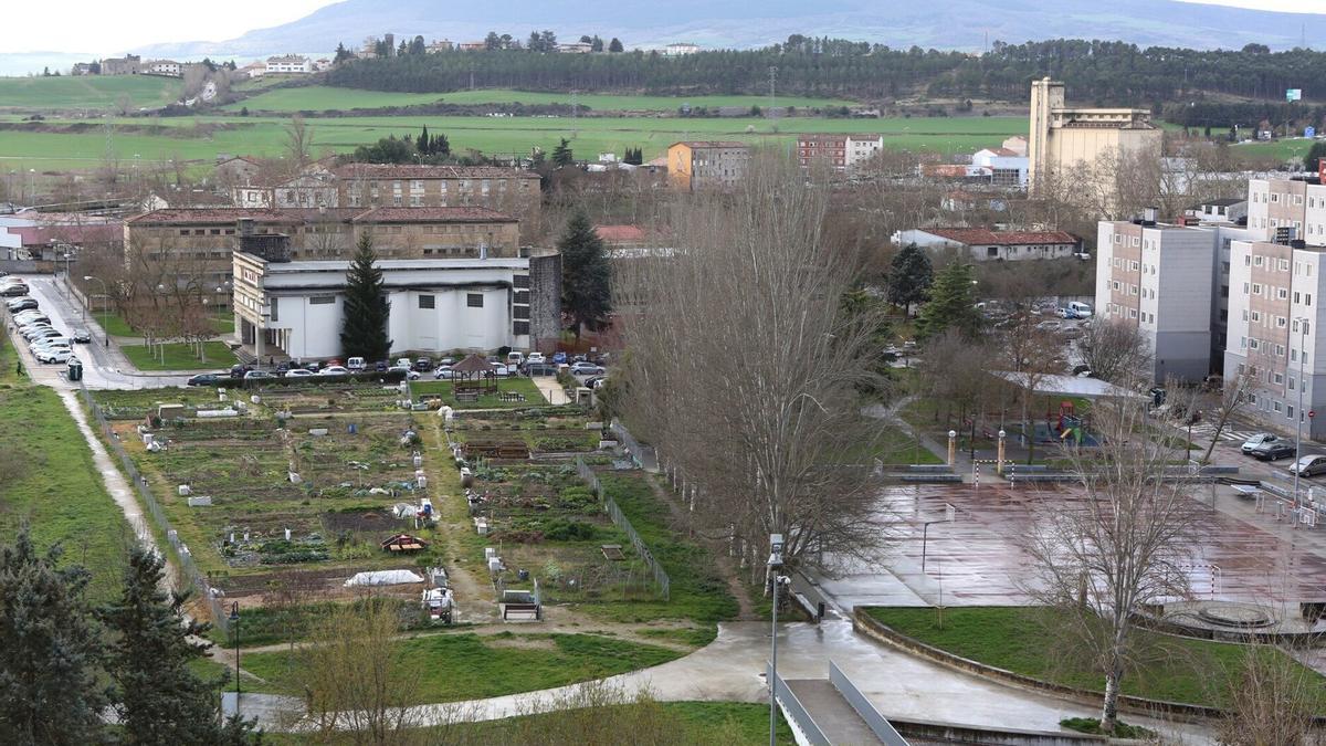 Vista general de las huertas urbanas de Etxabakoitz. A la derecha, edificios del Grupo Urdánoz.