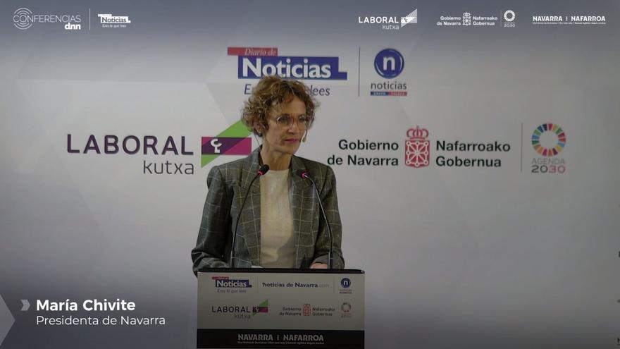 María Chivite, presidenta de Navarra, durante su intervención en el encuentro 'Geopolítica y economía' con Josep Borrell