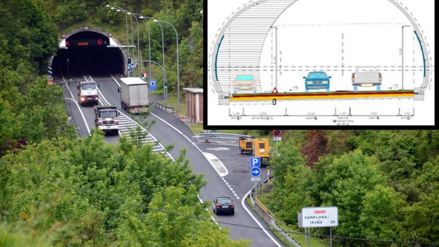 Tráfico circulando junto a la entrada del túnel de Belate. Dibujo del proyecto de reforma del túnel de Belate y de uno de los apartaderos.