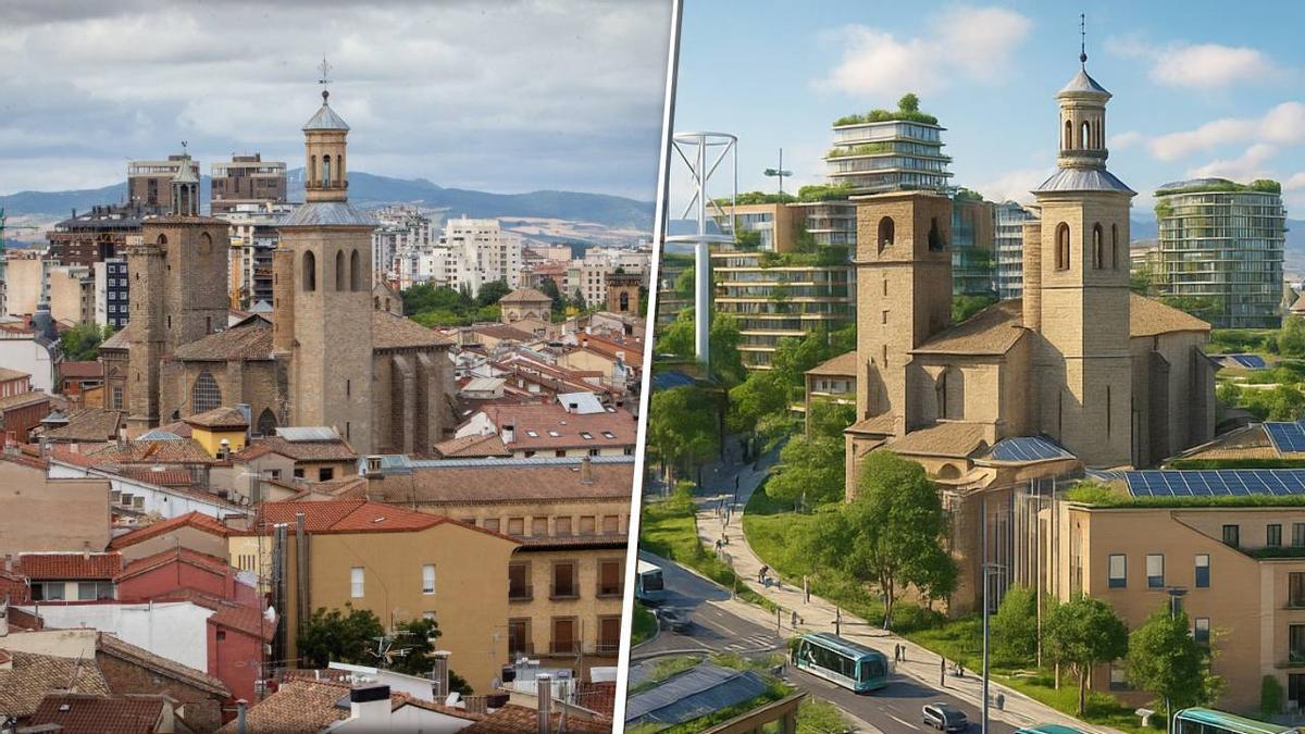 Imagen del Casco Antiguo de Pamplona y recreación con inteligencia artificial de la ciudad en 2050.