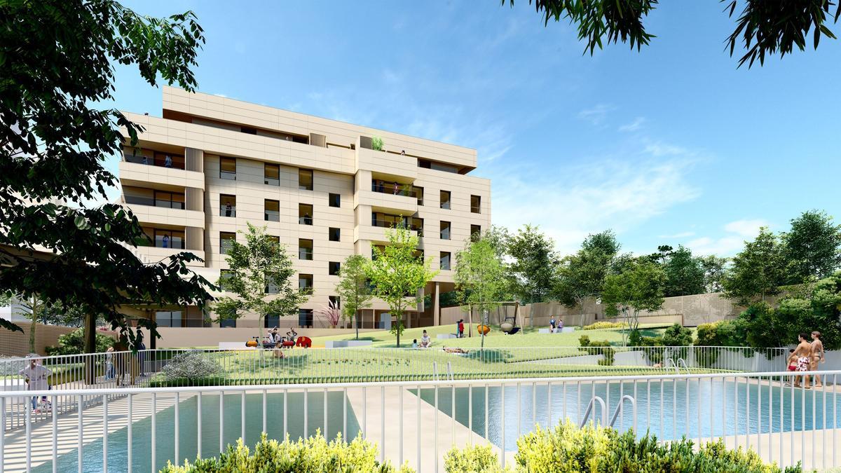 Infografía de la promoción Mungia Homes I, donde cada detalle, como la piscina, el área ajardinada y la zona de juegos infantiles, suman calidad de vida.