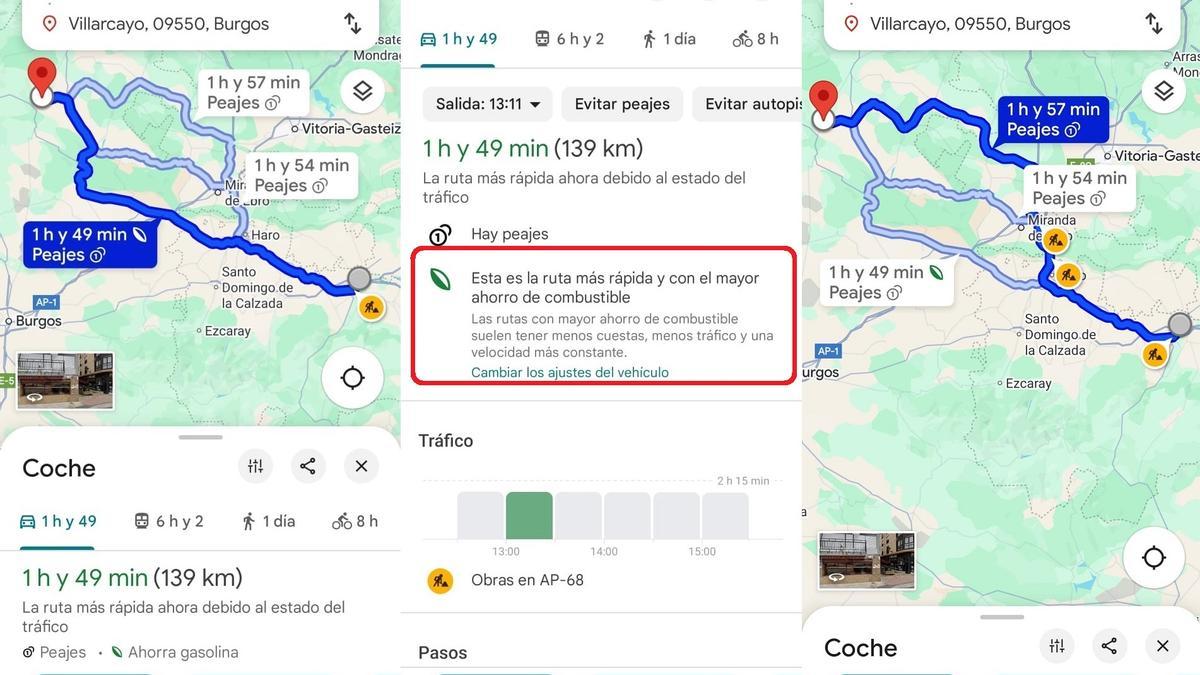De las tres rutas sugeridas, una muestra el icono de &#039;ruta ecológica&#039;, la que menos combustible necesita, y en este caso también la más rápida.