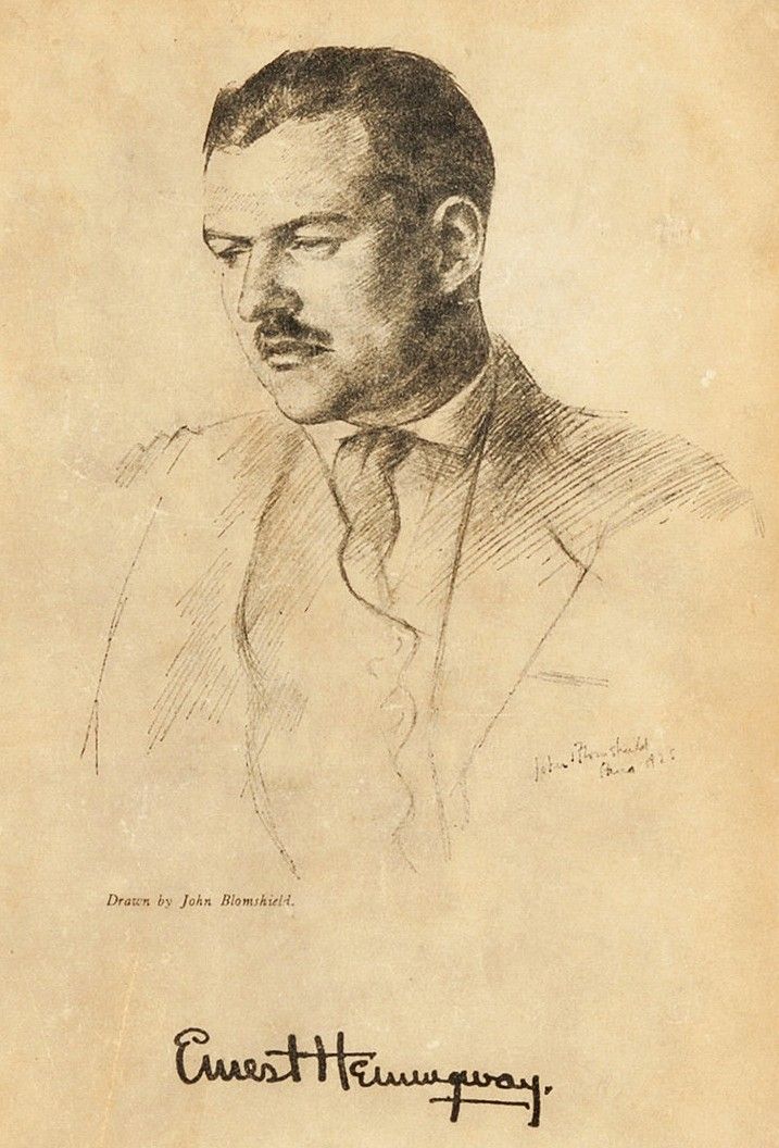 Retrato a lápiz de Ernest Hemingway, por John Blomshield, en la contraportada de la primera edición, 1926.