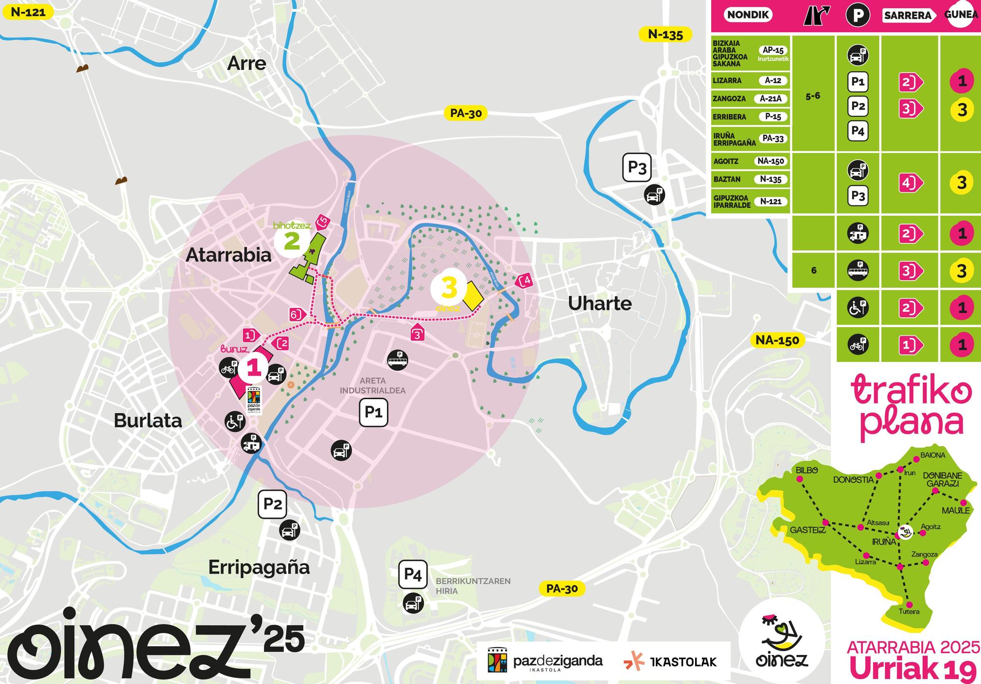 Plano de dónde aparcar  en el Nafarroa Oinez 2025.