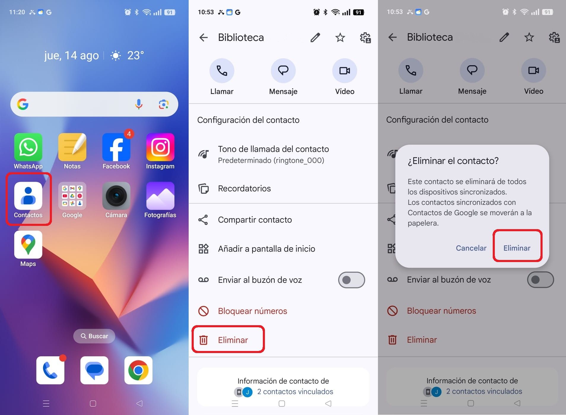 Para borrar un viejo contacto de WhatsApp hay que entrar en la agenda de teléfono, se selecciona  y tras clicar en ajustes, pinchar en eliminar.