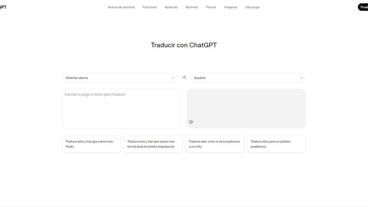 Página que se muestra al abrir ChatGPT Traslate.