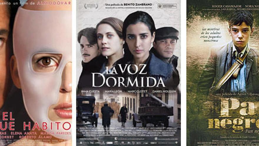 Carteles promocionales de las películas &#039;La piel que habito&#039;, &#039;La voz dormida&#039; y &#039;Pa negre&#039;.