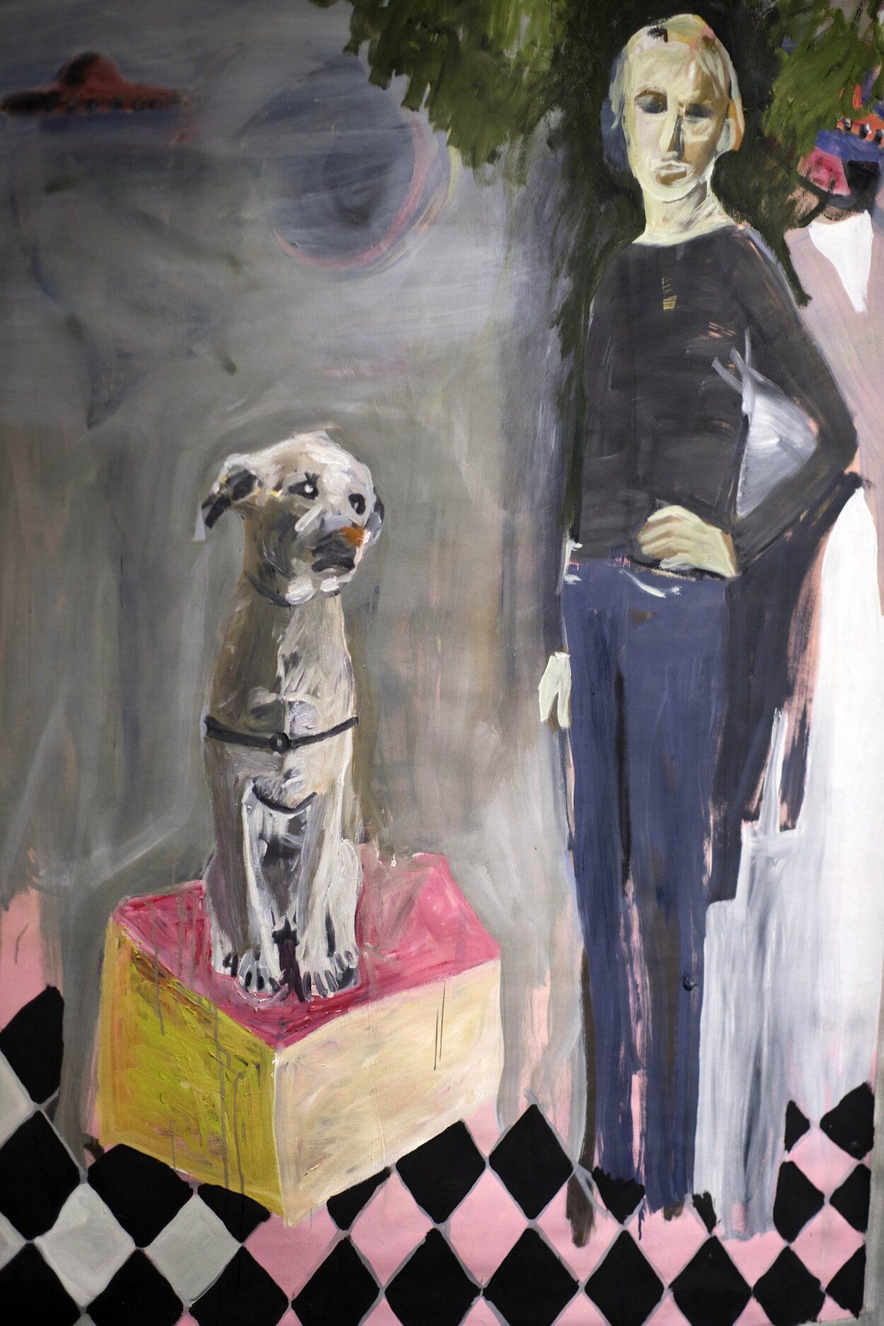 La perra Pipa y Cristina, pareja el artista, retratados por Ascunce en pintura al óleo.