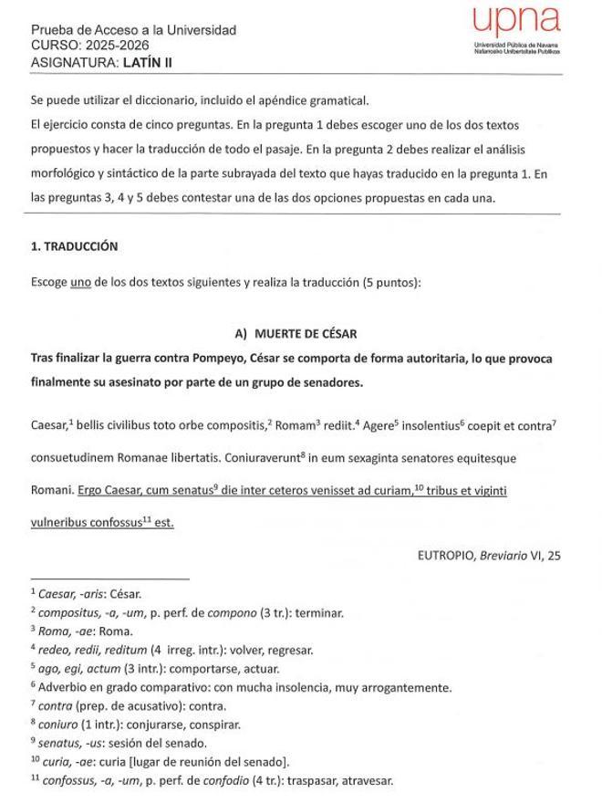 Primera cara del examen de Latín II