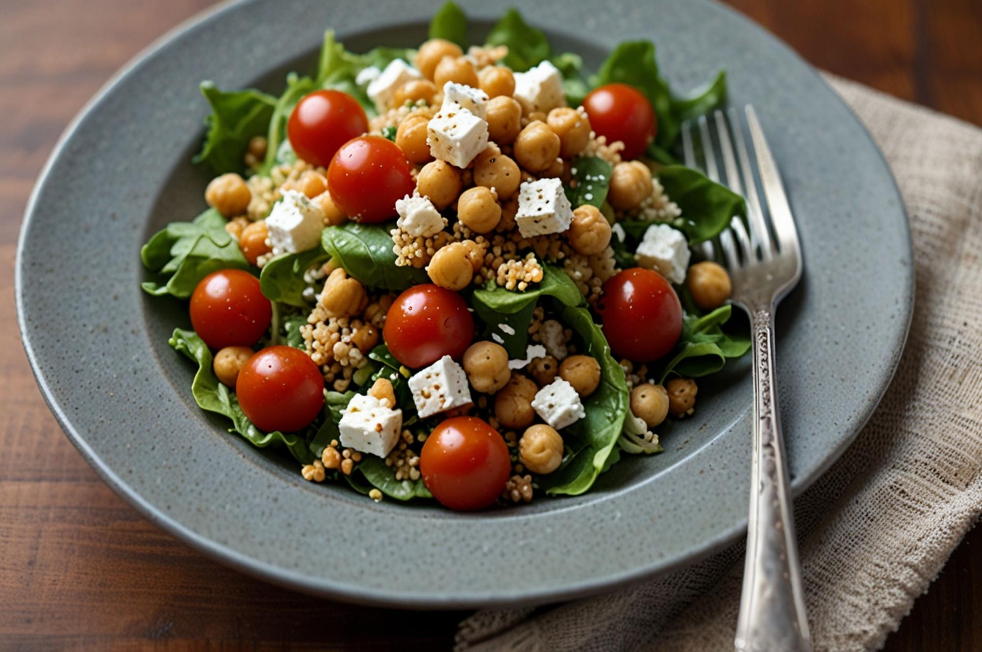 Ensalada de garbanzos con quinoa, queso feta y cherrys