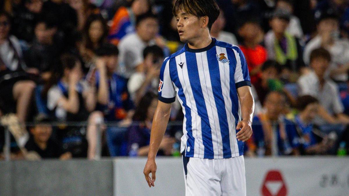 Take Kubo, durante el partido amistoso de la Real Sociedad en Nagasaki