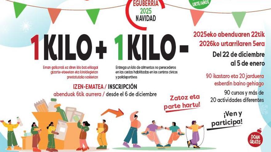 ‘1 kilo +, 1 kilo -’ ekimenak kirol-jarduera eta elikagaien dohaintza solidarioa batuko ditu Gabonetan