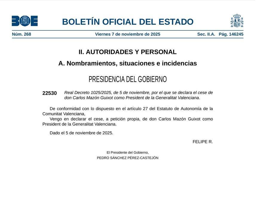 Anuncio del cese de Carlos Mazón publicado en el BOE.