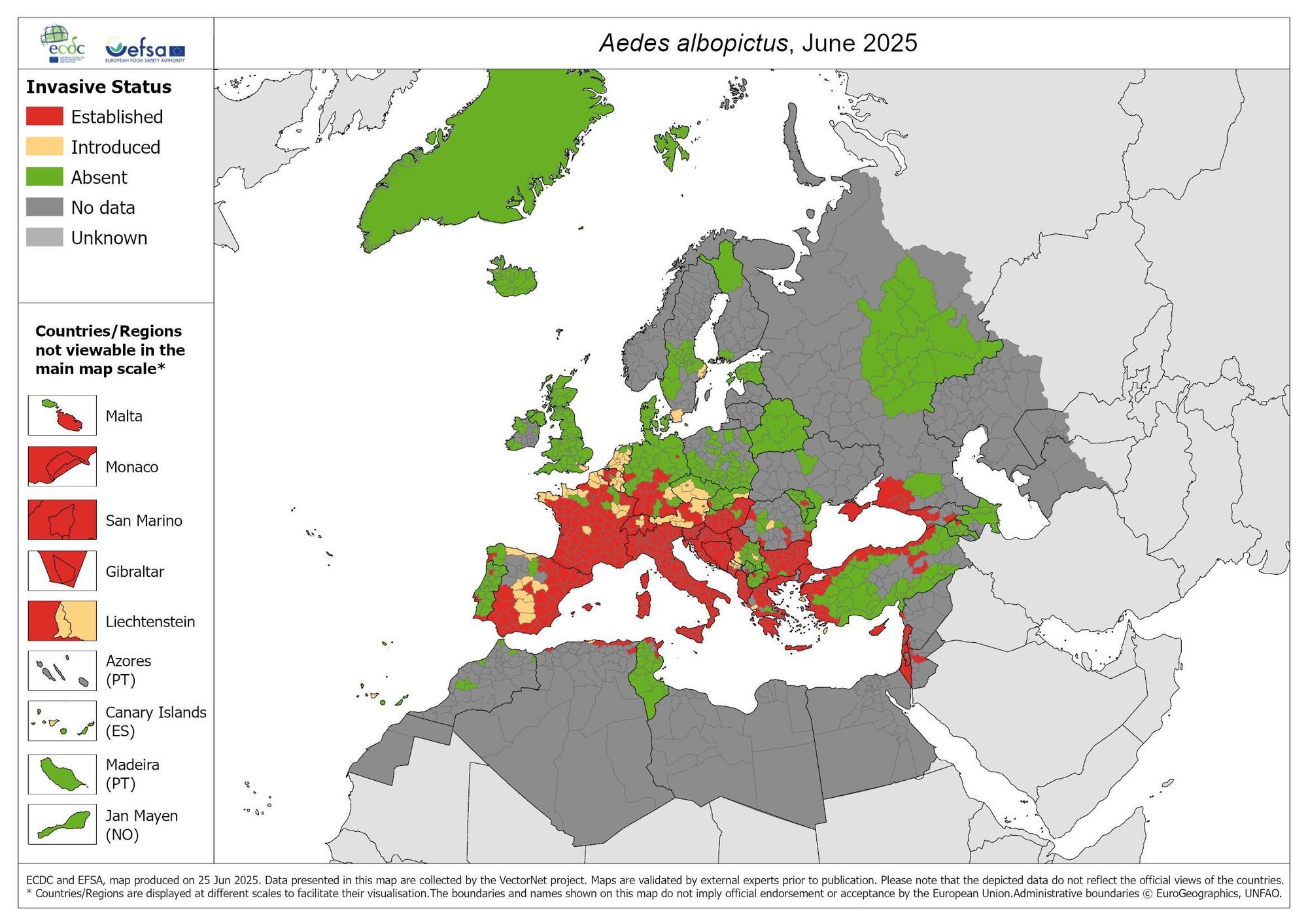 Distribución del mosquito tigre en Europa en 2025.