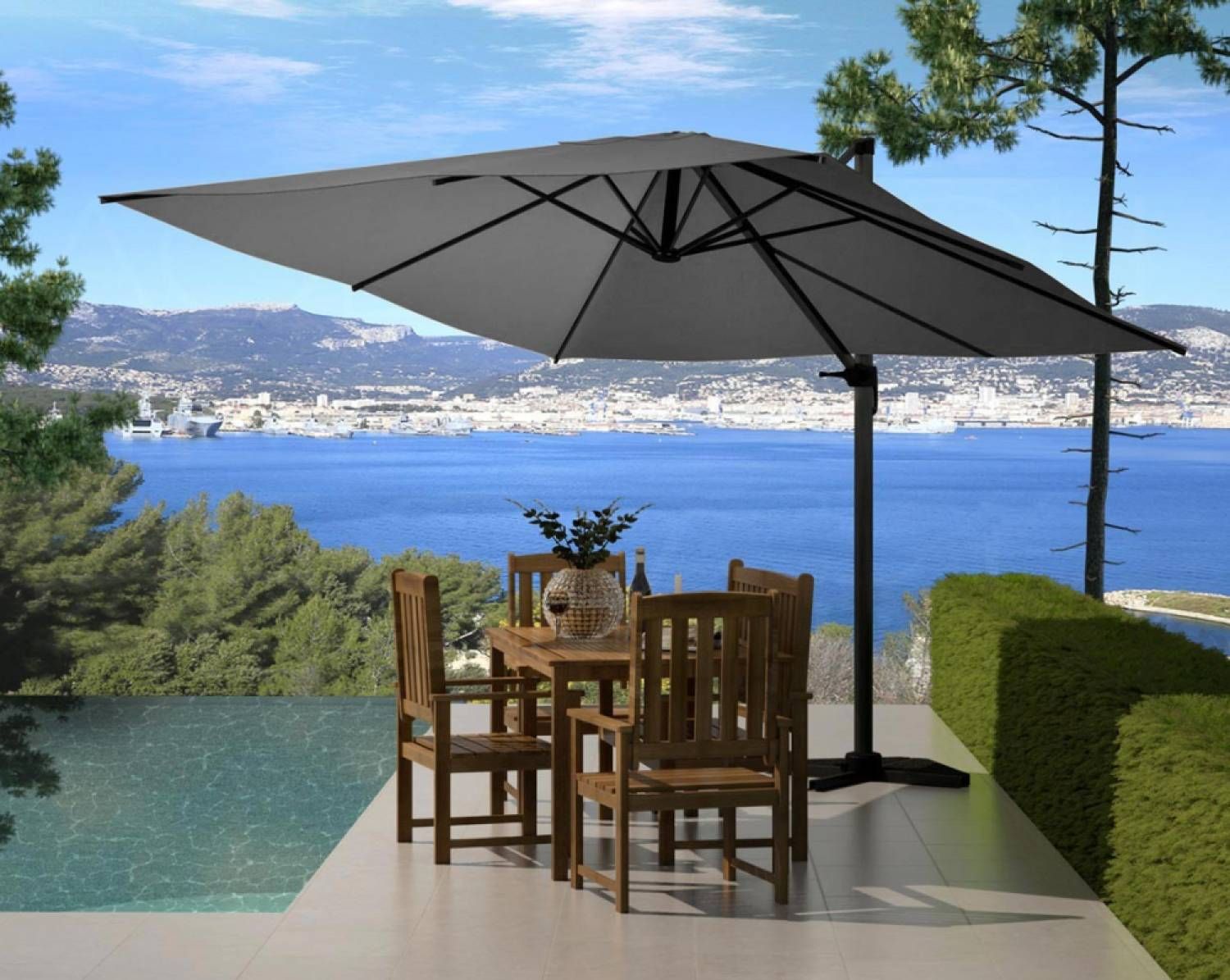 PALATINO Parasol excéntrico, cuadrada de 3 x 3 m, giratoria 360 ° gris