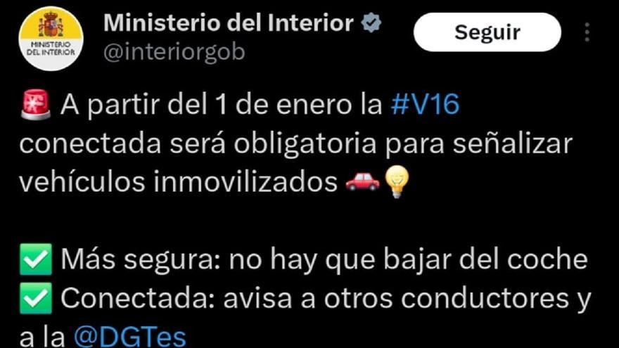 El desastroso tuit del Ministerio del Interior sobre las balizas V16 con decenas de erratas