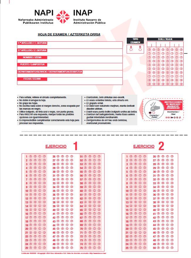 Modelo de hoja de respuestas para el examen.