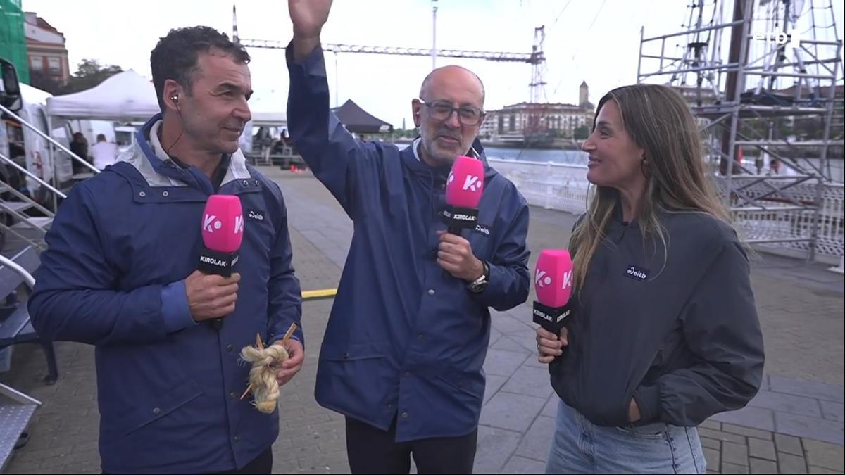 Ibon Gaztañazpi, Mikel Olazabal y Sara Gandara, en una retransmisión deportiva de ETB