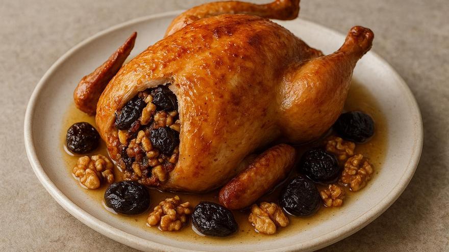 Capón relleno de frutos secos y ciruelas: el gran protagonista de la mesa navideña
