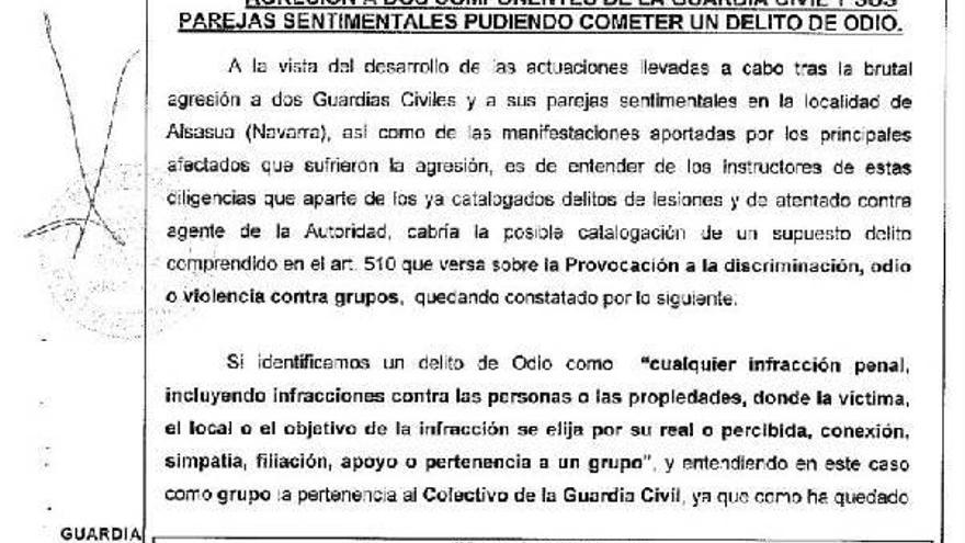 Atestado de la Guardia Civil donde se concluye que los hechos podrían ser delito de odio.