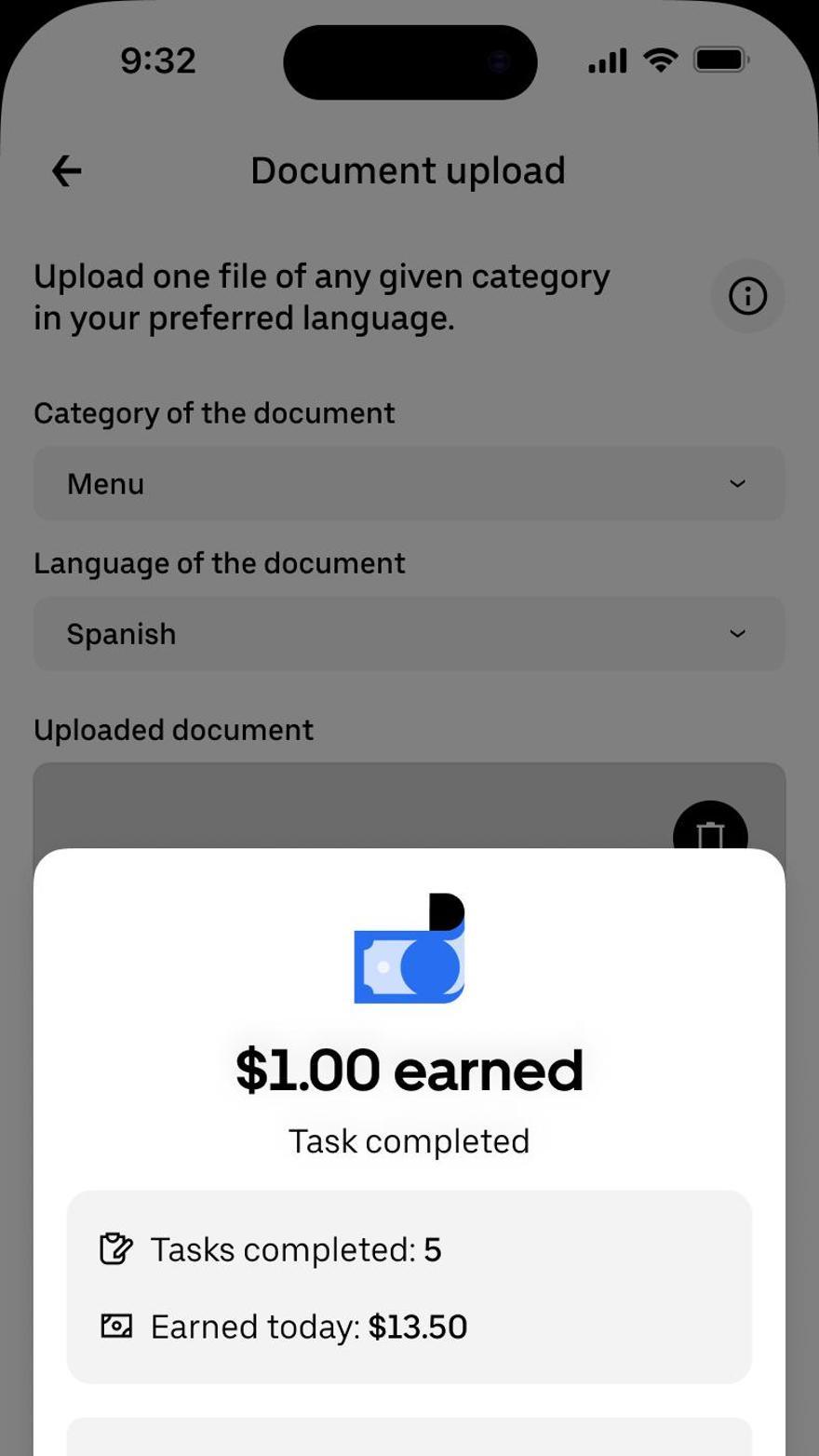 Pantalla que verá el conductor o el repartidor de Uber cuando haya completado una de las &quot;tareas digitales&quot; que dedica hacer en su tiempo de no conducción.