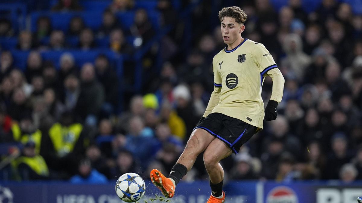 Fermín López, en el duelo de Liga de Campeones del Barcelona ante el Chelsea en Londres.