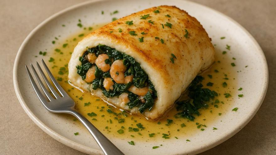 Merluza rellena de gambas y espinacas