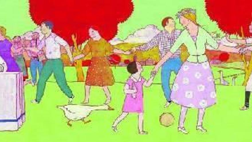 Escena costumbrista de la celebración de una boda en el campo en una ilustración de Elena Odriozola, desplegable en el libro, relativa al cuento ‘El rey y la sal’.