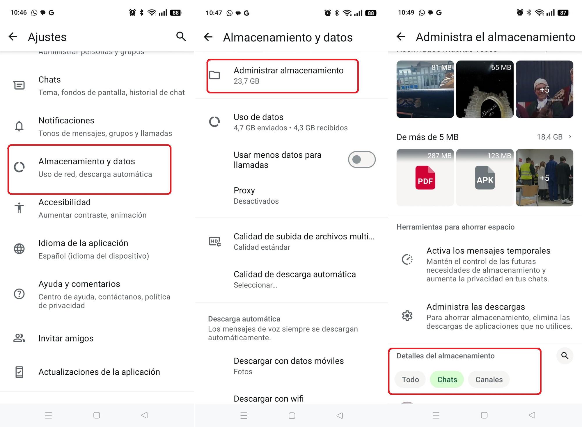 Combo con los pasos necesarios hasta ahora para poder liberar memoria del móvil eliminando archivos de WhatsApp.