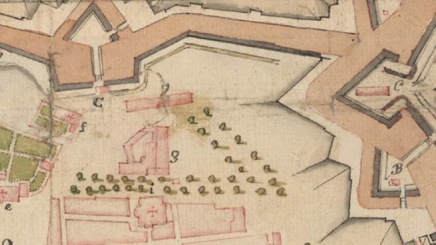 La doble alineación del arbolado en 1756. Detalle del plano de J.M. Cermeño.