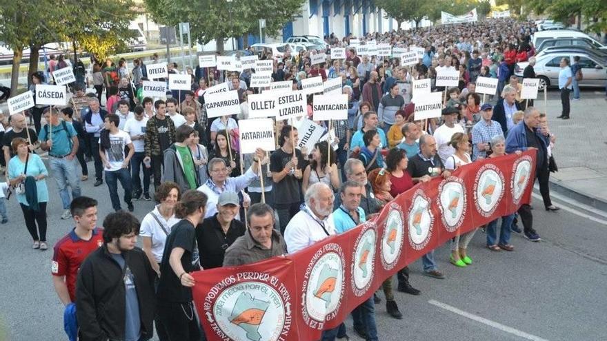 Representantes de una treintena de localidades que participaron en la manifestación, a su paso por la estación.