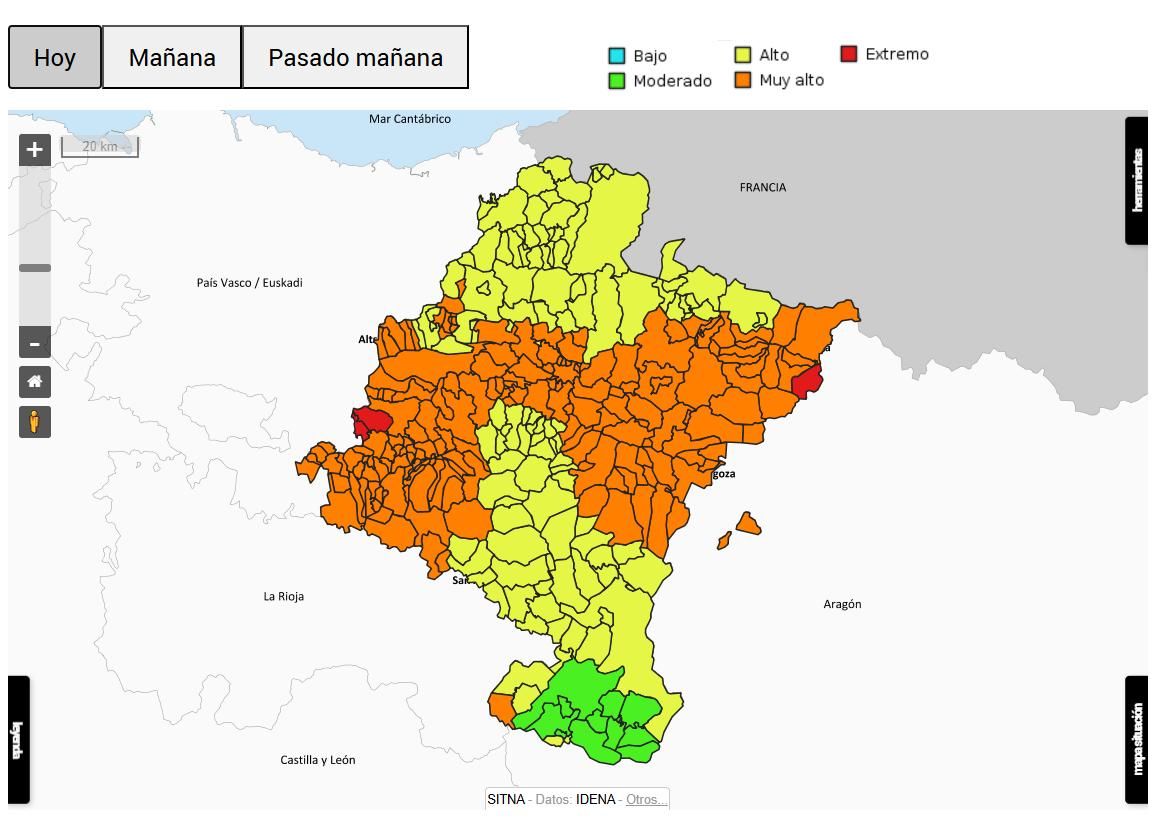 Mapa de riesgo de incendios forestales este miércoles.