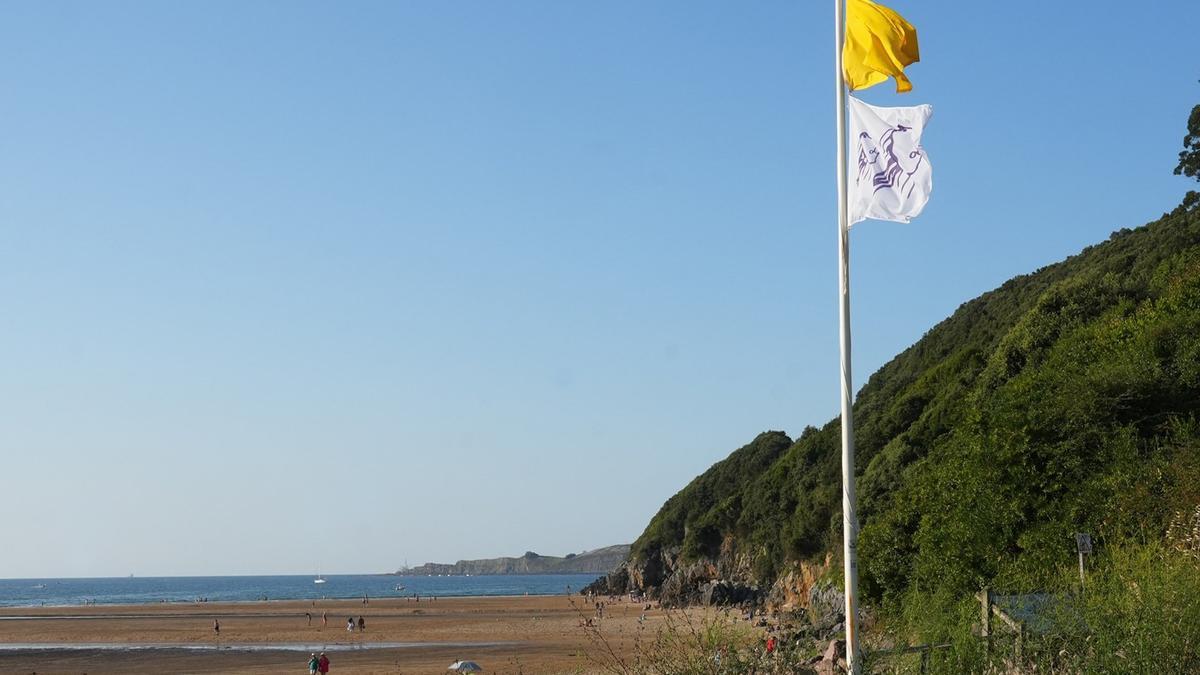 La bandera amarilla de baño con precaución y la de presencia de medusas, ayer en la playa de Laida.
