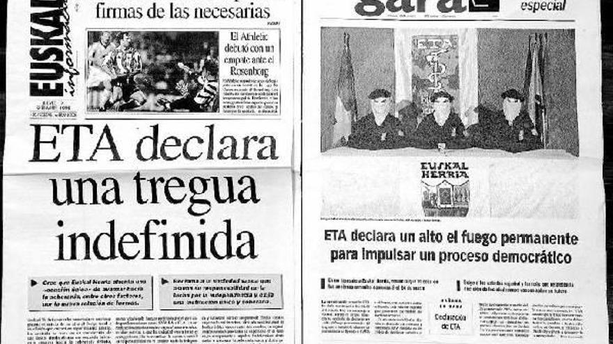 Portadas de dos diarios anunciando las treguas decretadas por ETA en 1998 (izquierda) y 2006 (derecha).
