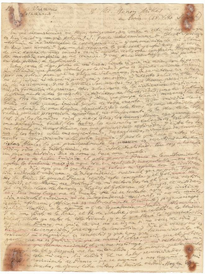 Carta manuscrita de Unamuno a Henry Miller.
